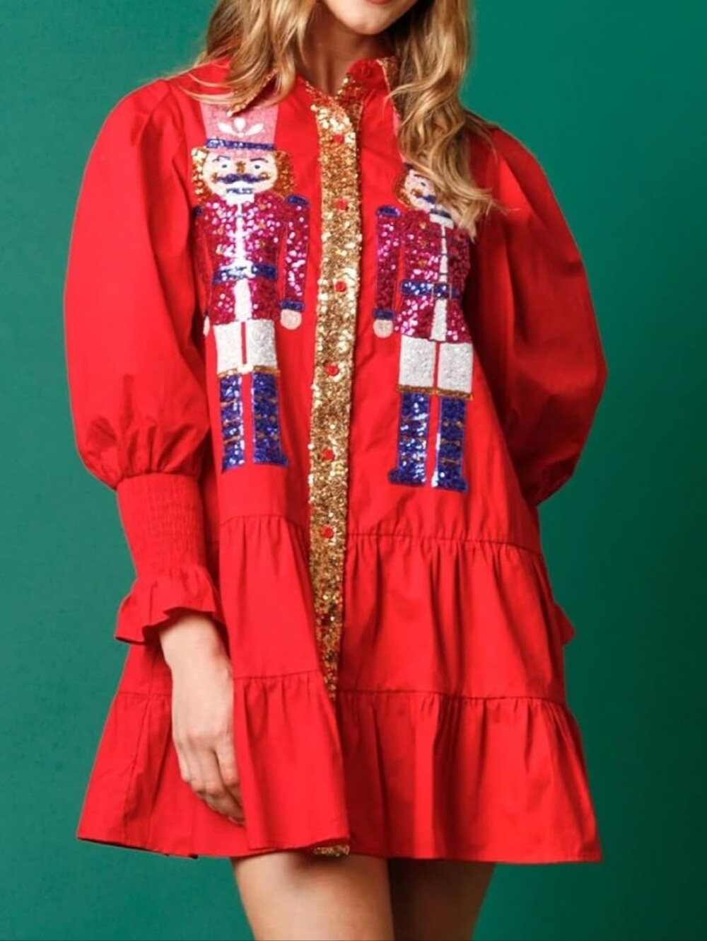Red Nutcracker Sequin Dress with Gold Trim